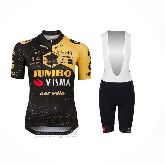 2023 Cycling Jersey Women Jumbo Visma Black Yellow Short Sleeve and Bib Short
